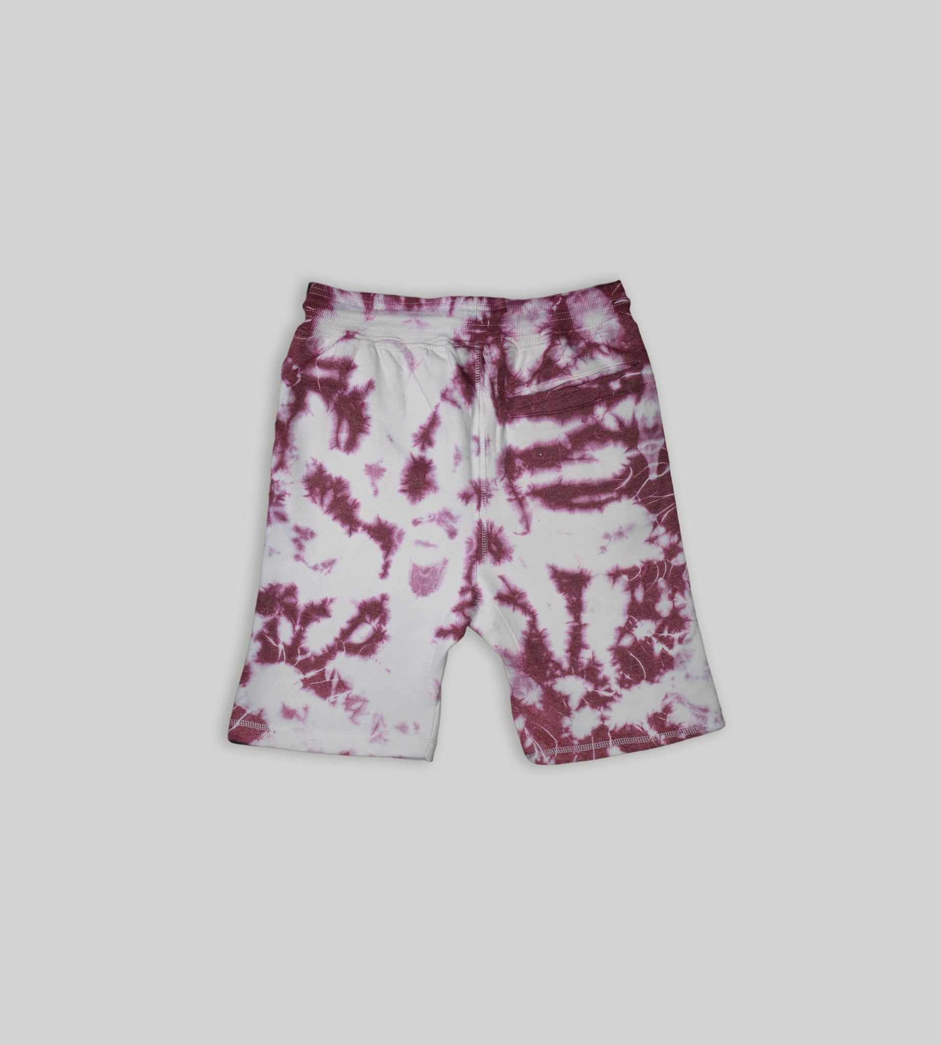 Men's tie dye fleece shorts, knee length with drawstring.