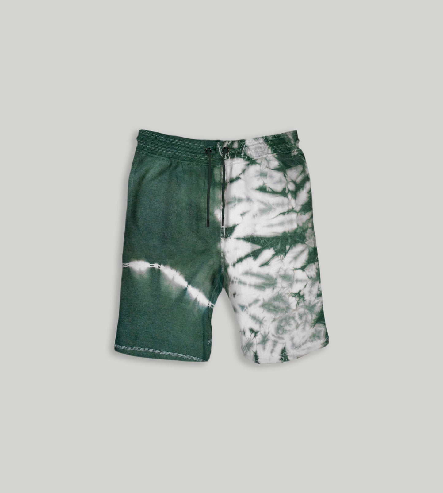 Men's tie dye green fleece shorts, knee length with drawstring.