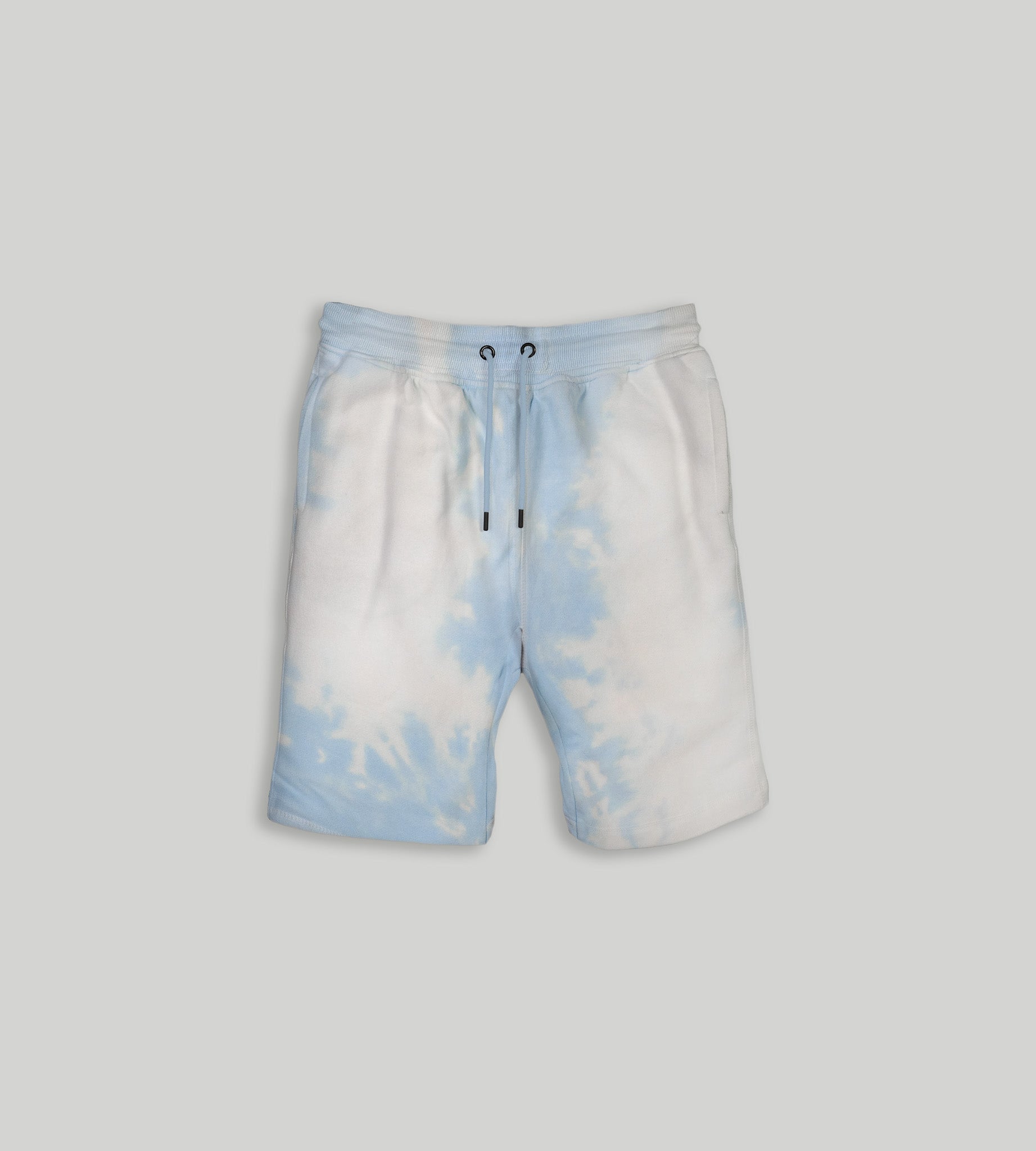 Men's tie dye fleece shorts, knee length with drawstring.