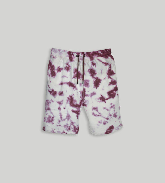 Men's tie dye fleece shorts, knee length with drawstring.