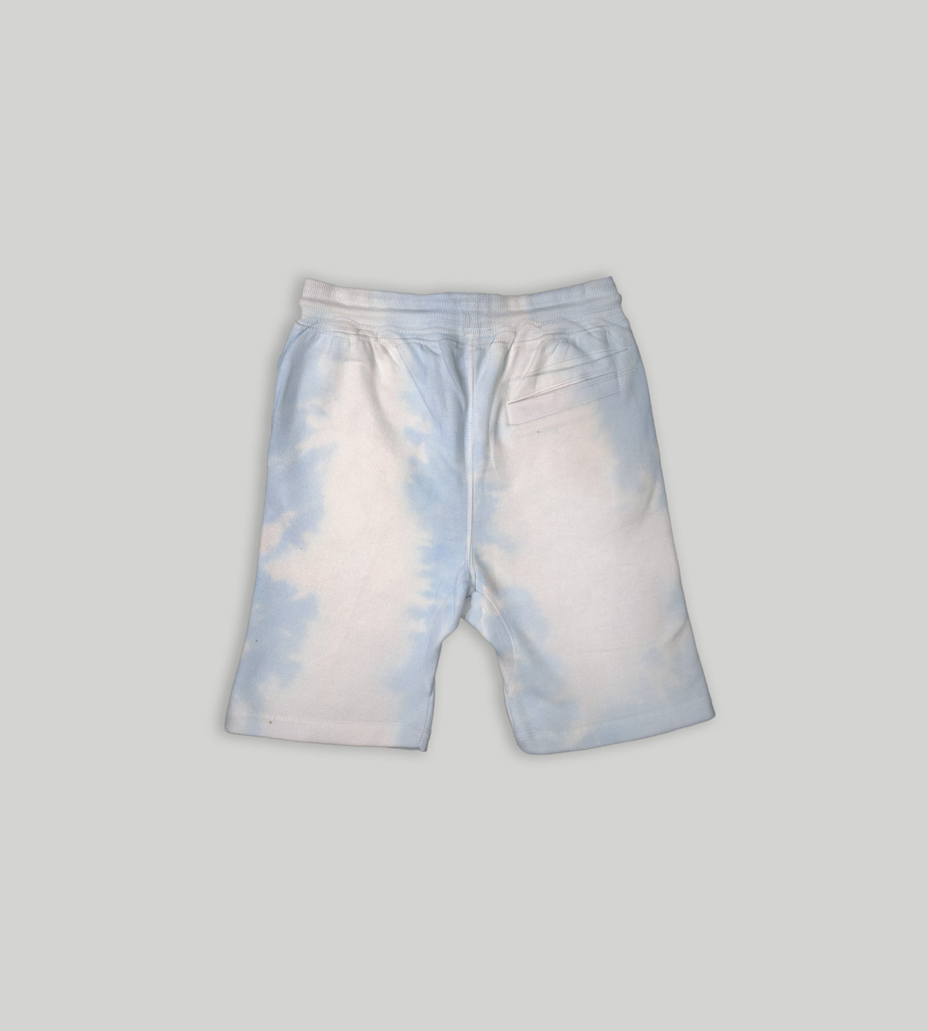 Men's tie dye fleece shorts, knee length with drawstring.